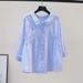 Women's Clothing Spring And Autumn Small Fresh Light Blue Vertical Striped Shirt Female Design Waist Long Sleeve Loose Top_ecoleips.com