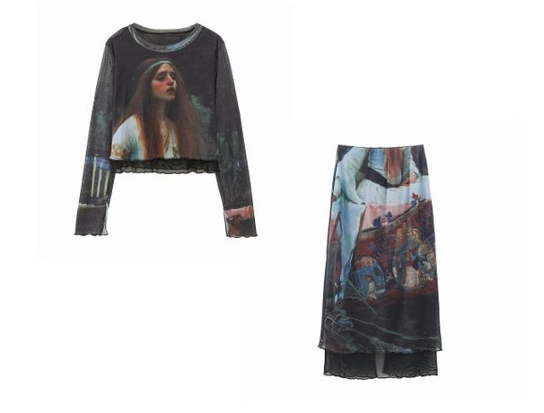 Women's Clothing Elastic Silk Screen Printing Bottoming Shirt Long Sleeved Top Mesh Skirt Suit_ecoleips.com