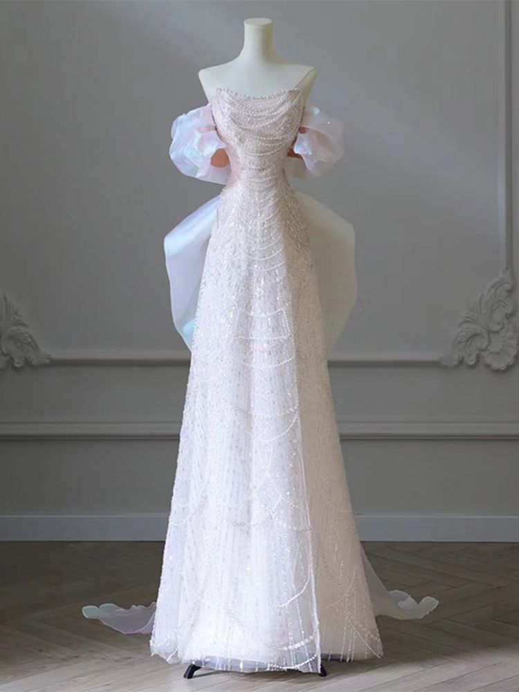 Women's Off-Shoulder Evening Gown Light Luxury Heavy Duty Wedding Dress High-End Party Wear New_ecoleips.com