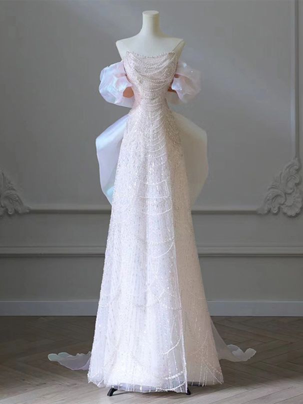 Women's Off-Shoulder Evening Gown Light Luxury Heavy Duty Wedding Dress High-End Party Wear New_ecoleips.com