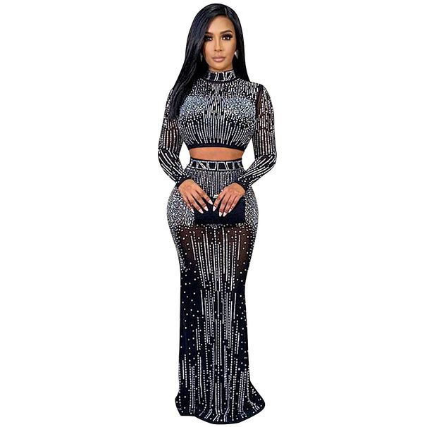 Women's fashion sexy nightclub women's mesh see-through long-sleeved long skirt two-piece set_ecoleips.com