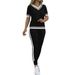 Women's Clothing Suits, All Match Contrast Color Stitching, V Neck Short Sleeved Top, T Shirt With Elastic Waist Pocket Trousers, Two Piece Suit_ecoleips.com