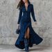 Slim Fit Zipper Stand Collar Slit Long Dress For Women Casual Thin Dress_ecoleips.com