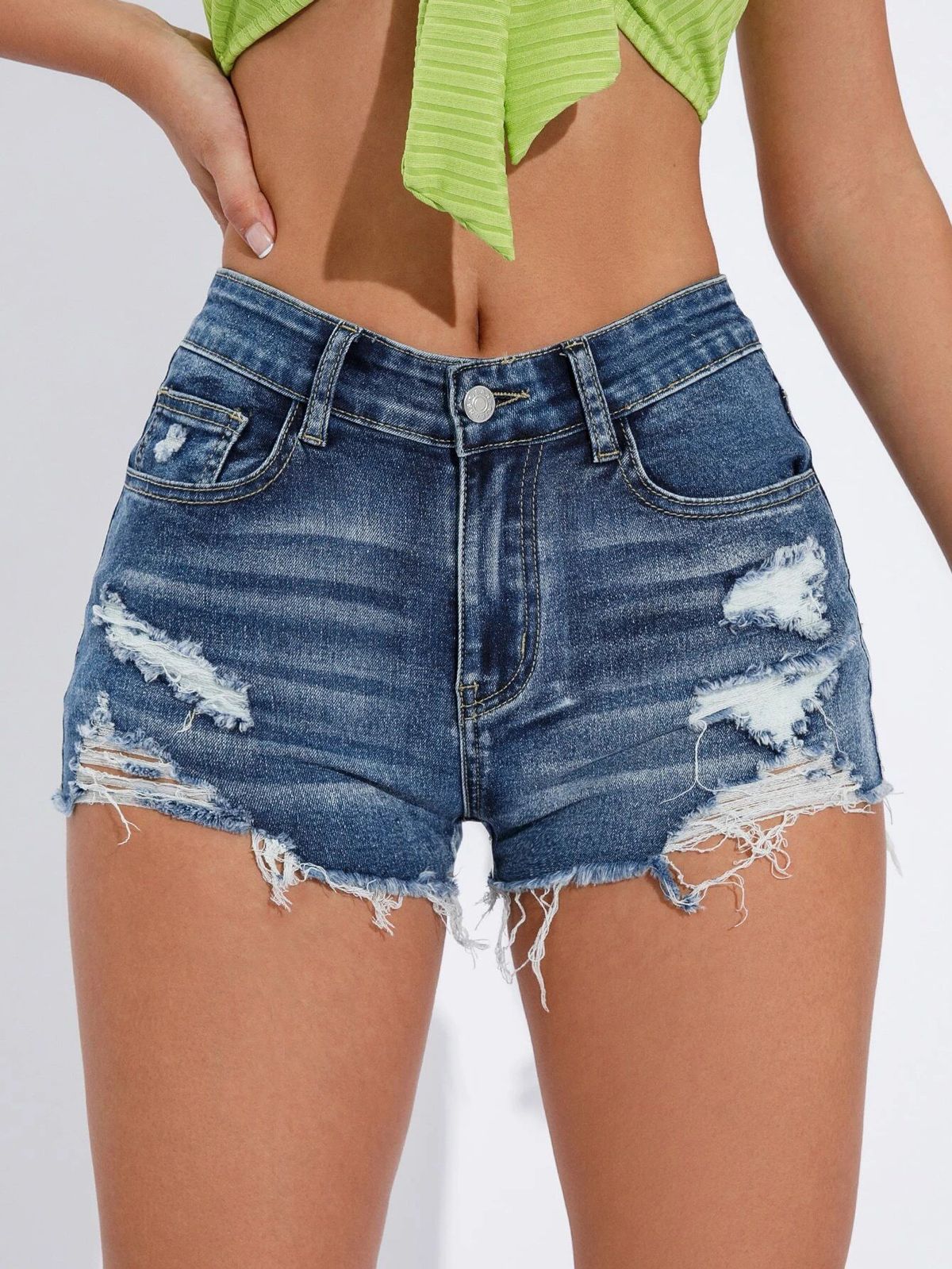 Women's Clothing High Elastic Hole Cut Blue High Waist Women's Denim Shorts_ecoleips.com