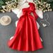 Elegant Off-Shoulder Bow Dress – A-Line Cocktail Gown With 3D Floral Details For Banquet & Evening Wear_ecoleips.com