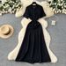 Women's Clothing Knit Dress – Spring Pearl-Embellished Round Neck A-Line Midi Dress (Beige/Green/Black, One Size Fits Most)_ecoleips.com