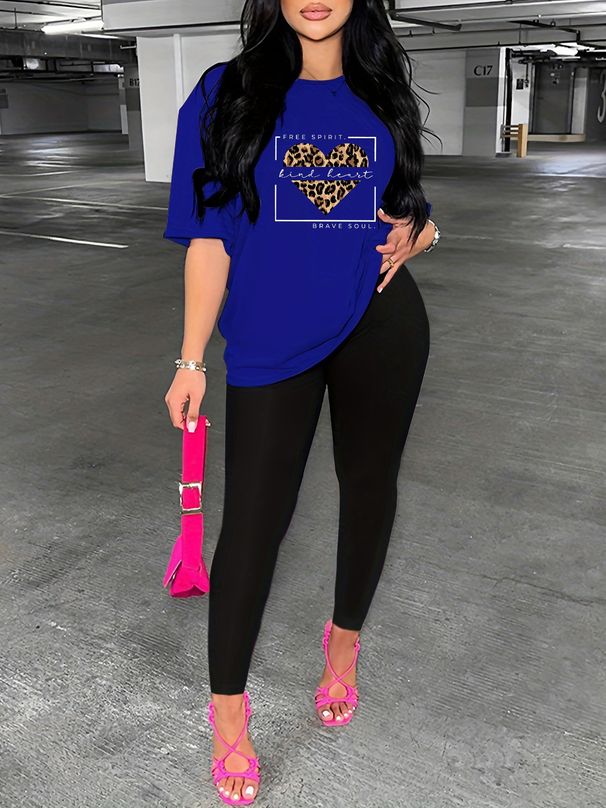 Women's Casual Loose And Fashionable Leopard Print Heart-shaped Pattern Print Loose T-shirt+cropped Pants Two-piece Home Sportswear Daily Outfit-438_ecoleips.com