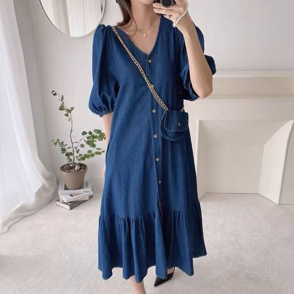 Korean Chic Summer Retro V Neck Faux Denim Dress For Women Casual Loose Fit With Ruffle Short Sleeves_ecoleips.com