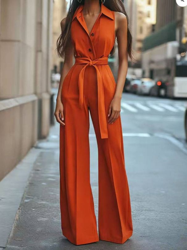 Women's Clothing Sleeveless Jumpsuit, V-Neck Wide Leg Romper In Vibrant Orange For Casual Outings_ecoleips.com