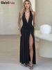 Weird Puss Deep V-Neck Halter Dress Woman Summer Ruffles Splits Backless Elegant Patchwork Solid Party Coquette Sexy Vestidos_ecoleips.com