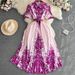 Women's Clothing Retro Palace Style Short Sleeved Lapel Waist Single Breasted A Line Printed Belt Pleated Dress With Long Swing Skirt_ecoleips.com