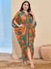 Floral Print Muslim Maxi Dress With Elegant V-Neck - Breathable Polyester Satin Fabric For Women (One Size, Long Sleeve, Asymmetrical Hem)_ecoleips.com