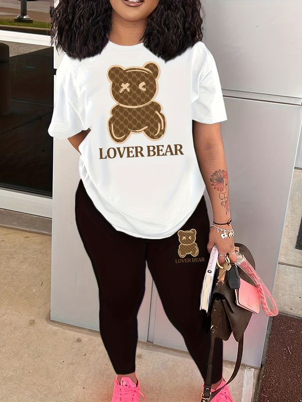 Women's Casual Fashion Cartoon Bear Pattern Printed Loose T-shirt+cropped Pants Two-piece Home Sportswear Daily Wear-407_ecoleips.com