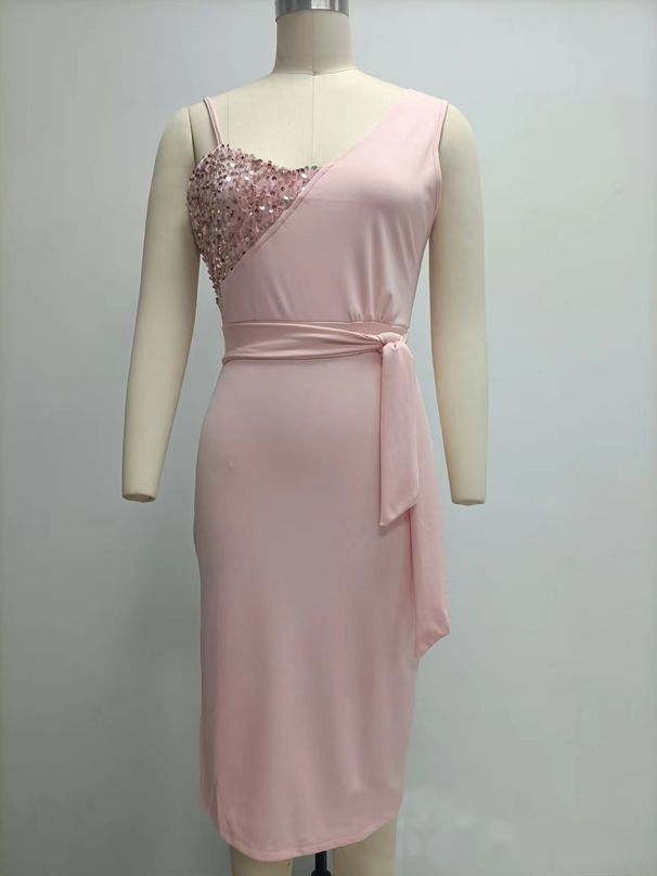 Women's Solid Color Sequin Dress One Shoulder Suspender Fashion Evening Cocktail Dress_ecoleips.com
