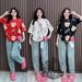 Bear Print Short Sleeve & Faux Denim Print Pants Set - Loose Fit Two Piece Outfit For Women Comfortable Loose Fit_ecoleips.com