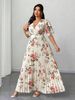 Plus-size Elegant Dress, Summer Fashion Women's Wear, Elegant And Romantic Floral Print Skirt, Short-sleeved V-neck Pleated Flowing Long Skirt, Suitable For Daily Commutes Or Party/wedding Guests, Casual Vacations._ecoleips.com