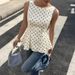 Elegant White Top With Black Polka Dots And Ruffles, Summer Retro Sleeveless Slim A-line Skirt, Women's Top In Cream Color_ecoleips.com