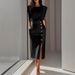 2025 European And American Women's Clothing Round Neck Sleeveless Buttoned Slit Solid Color Long Dress_ecoleips.com