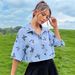 Butterfly Print Short Sleeve Shirt For Women, Lightweight Loose Fit Casual Blouse, Button Down Summer Top_ecoleips.com