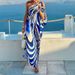 Elegant Pleated Bohemian Dress Sexy Slant Shoulder Sleeve Loose Holiday Dress Women Fashion Pattern Print Hollow Out Party Dress_ecoleips.com