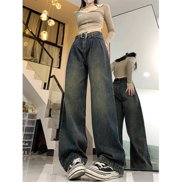 White Wide Jeans, Women's Autumn New Style, Style Pleated Straight Leg Floor Pants, High Waist Loose Slimming Pants_ecoleips.com