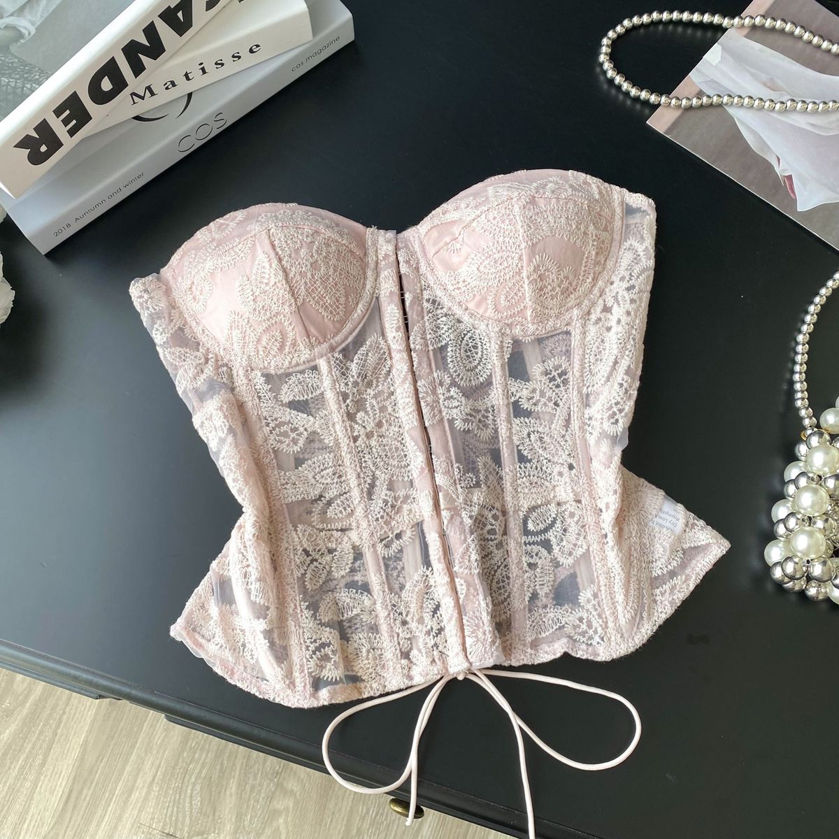 Women's Clothing Strapless Vest Pure Desire Heavy Embroidery Mesh Slim Fit Short Top Lace Up Fishbone For Autumn_ecoleips.com