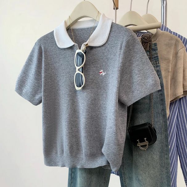 Women's Clothing Gray Babydoll Shirt Straight Shoulder Knitted Short Sleeved T Shirt Female Summer New Small Lapel Slim Short Top_ecoleips.com