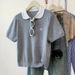 Women's Clothing Gray Babydoll Shirt Straight Shoulder Knitted Short Sleeved T Shirt Female Summer New Small Lapel Slim Short Top_ecoleips.com