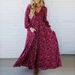 Women's Elegant Pleated Waist Big Swing Long Dress Casual Long-sleeved Vacation Dresses Sexy Deep V-neck Pullover Holiday Dress_ecoleips.com