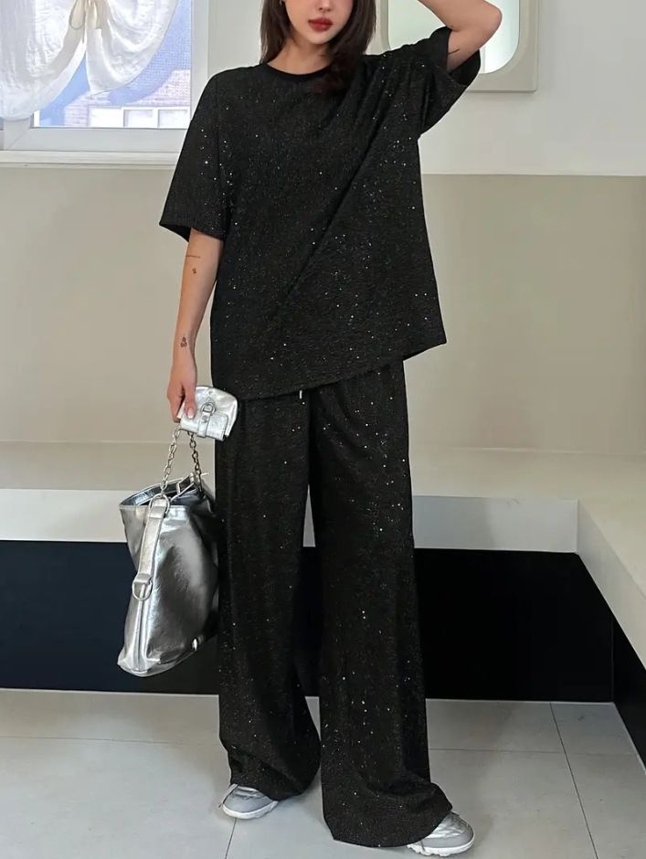 Women's Shimmering Silver Sequined Casual Set Minimalist Style Two Piece Outfit with Drawstring Wide Leg Pants And Short Sleeves Black_ecoleips.com