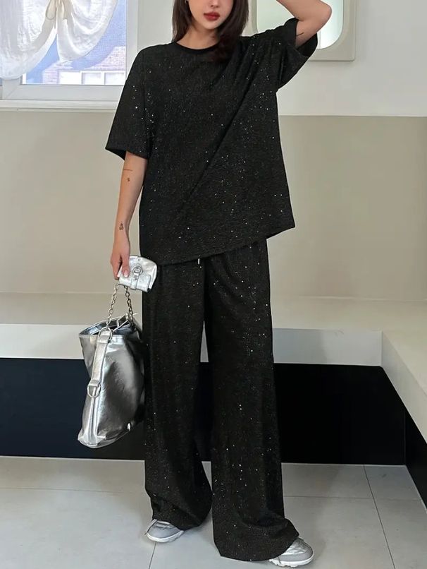 Women's Shimmering Silver Sequined Casual Set Minimalist Style Two Piece Outfit with Drawstring Wide Leg Pants And Short Sleeves Black_ecoleips.com