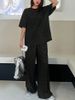 Women's Shimmering Silver Sequined Casual Set Minimalist Style Two Piece Outfit with Drawstring Wide Leg Pants And Short Sleeves Black_ecoleips.com