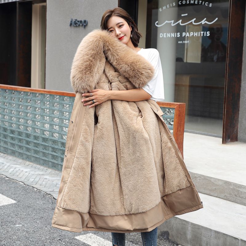 2020 For Women, Mid-Length, Thickened, Korean Style, Slim Fit, Hooded, Large Fur Collar, Down Coat, Plus Size Cotton_ecoleips.com