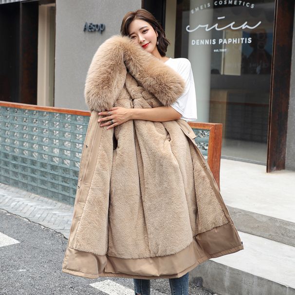2020 For Women, Mid-Length, Thickened, Korean Style, Slim Fit, Hooded, Large Fur Collar, Down Coat, Plus Size Cotton_ecoleips.com