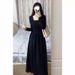 Black Sque-neck Long-sleeve Dress For Women, 2025 Spring New French Hepburn Style Long Dress, High-end Ely Autumn_ecoleips.com