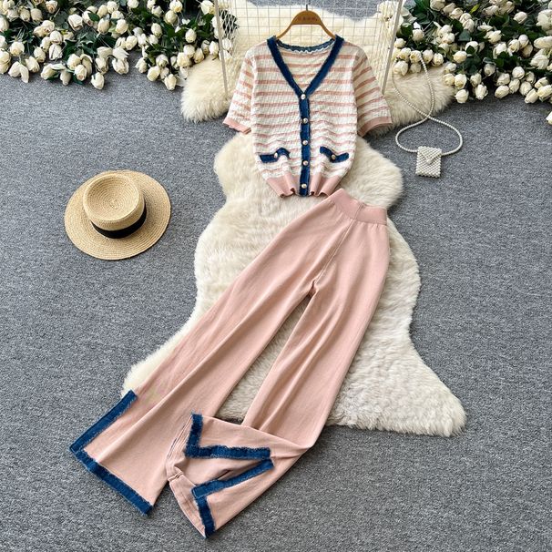 Women's Slim Fit Stripe Knit Cardigan And Wide-Leg Pants Set Lightweight Summer Outfit for Casual And Office Wear Pink Gray Yellow_ecoleips.com