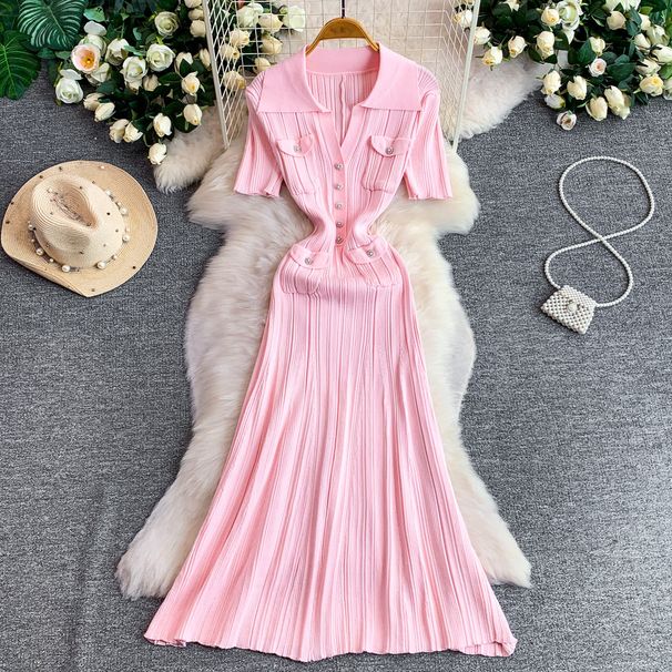 Elegant Pearl Button Detail Knitted Long Dress for Women Gentle Fit Slim Fit Pleated New Style 2026_ecoleips.com