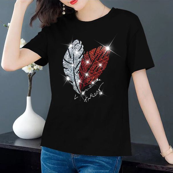 Spring/Summer European-Style Black Short-Sleeved T-Shirt With Diamond Embellishments; Suitable For Women In Larger Sizes_ecoleips.com