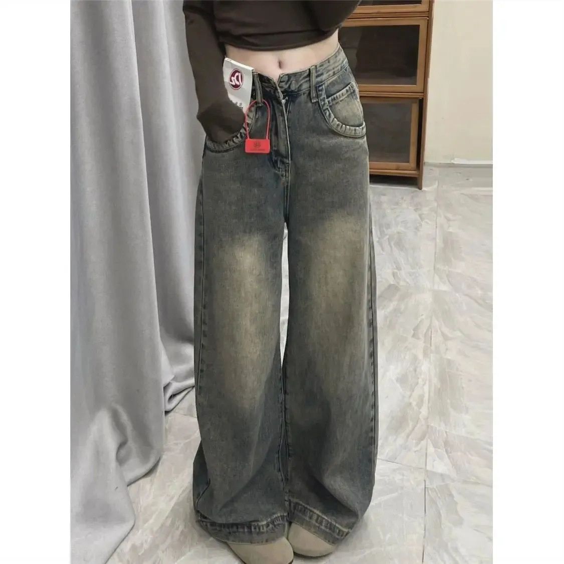 American Retro Washed Jeans For Women Winter Fleece Lined Thickened High Waist Straight Wide Leg Draped Long Pants_ecoleips.com
