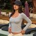 Women's Long Sleeve Base Shirt Top Square Neck Lace Trim Solid Color European American Style Autumn Fashionable Versatile_ecoleips.com