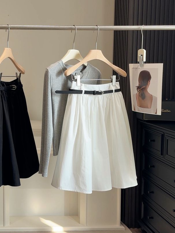 White a Line Midi Skirt for Women High Waisted Elegant Umbrella Skirt Elastic Waist Puffy Style Suitable for Petite New Summer_ecoleips.com