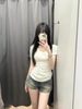 American Short-sleeved Front Shoulder V-neck T-shirt Women's Summer Slim-fit Spice Girls Versatile And Thin Design Niche Ice Silk Breathable Top_ecoleips.com