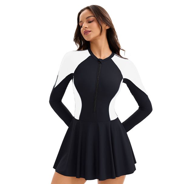 Women's Modest Long Sleeve Swim Dress Color Block UV Protection Rash Guard Skirted Bottom_ecoleips.com