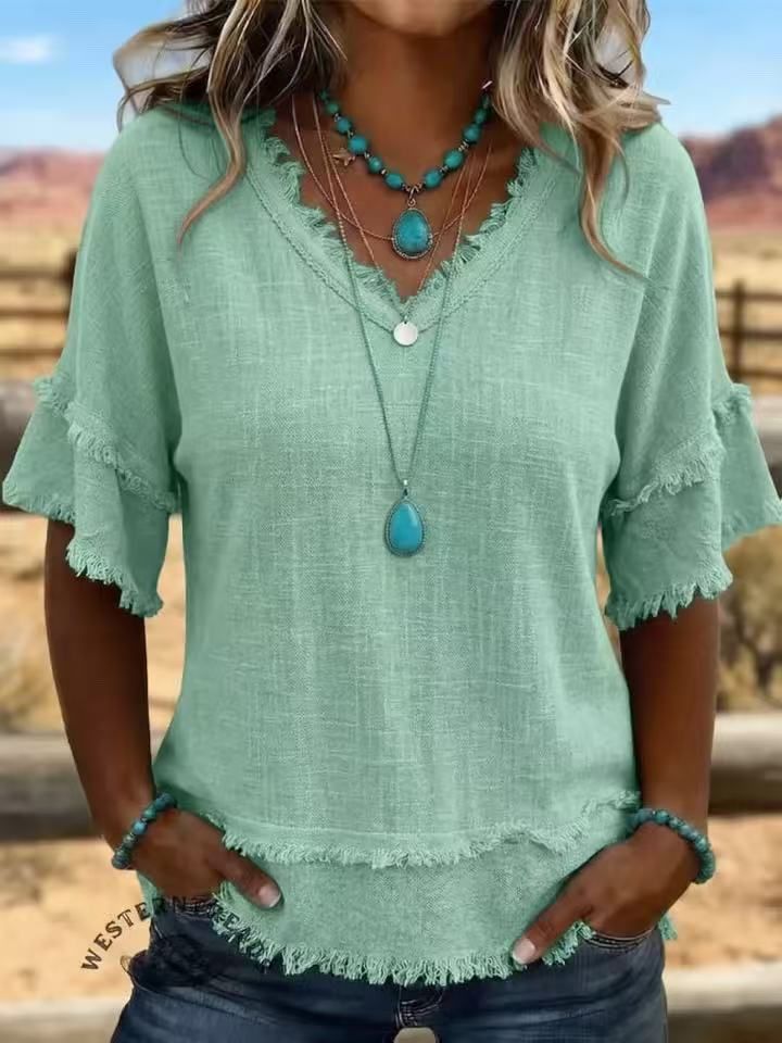 New Women's V Neck Pullover Short Sleeve Shirt Loose Fit Casual Top American_ecoleips.com