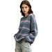 European American Retro Color Block Striped Loose Knit Sweater Women's Soft Skin Friendly Warm Drop Shoulder Oversized Pullover_ecoleips.com