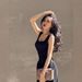 European American Style 2024 Women's Autumn And Winter New Fashion Square-neck Ruched Large Hem Waist-slimming Mesh_ecoleips.com