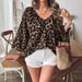 Women's Animal Print V-Neck Blouse Short Sleeve Relaxed Fit Pullover Top with Ruffle Detail Flattering V-Neckline_ecoleips.com