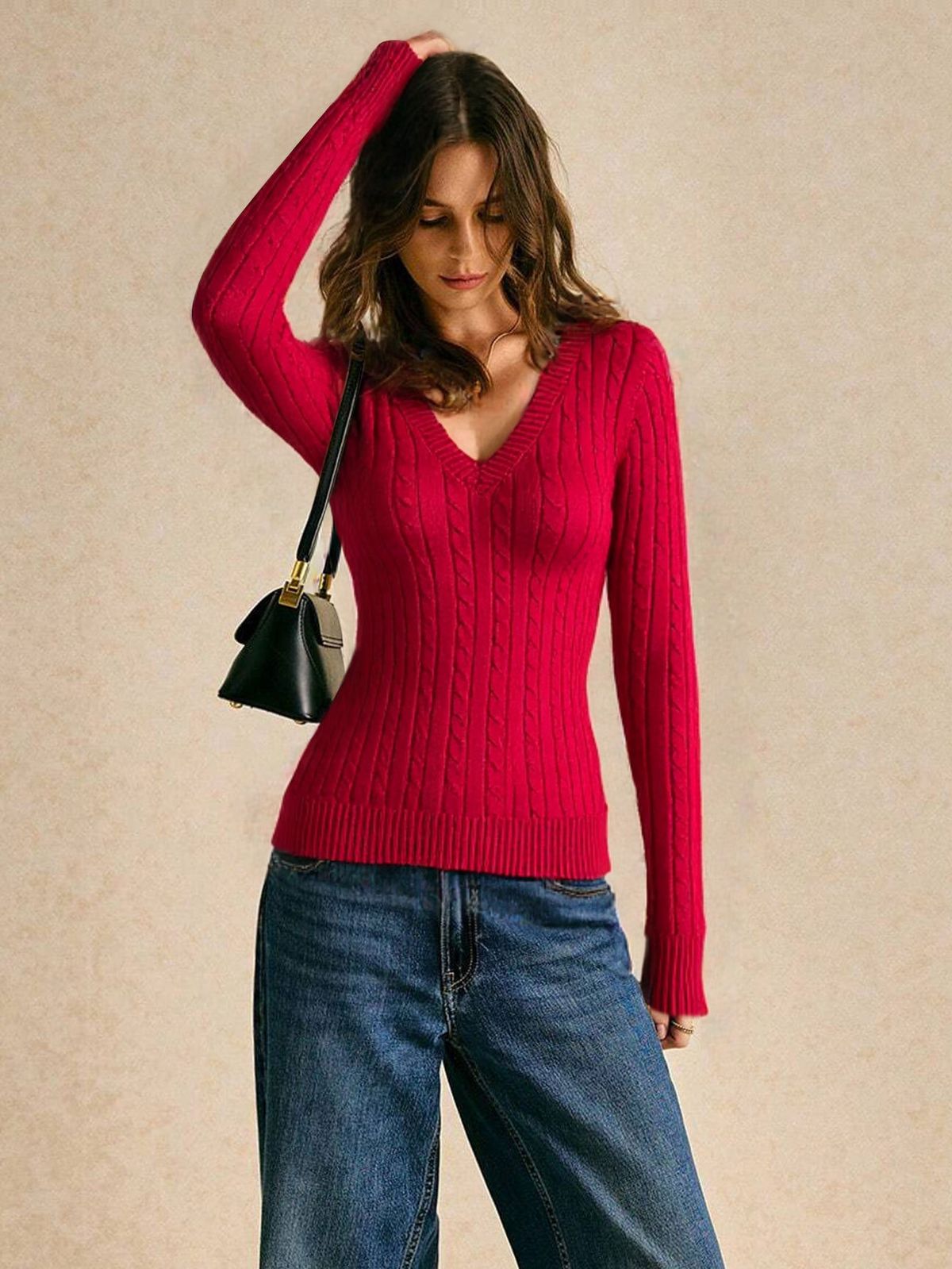 Voya Women's Autumn And Winter American Retro V-neck Slim Fried Dough Twists Needle Stripe Long Sleeve Androgynous Women's Simple Sweater_ecoleips.com