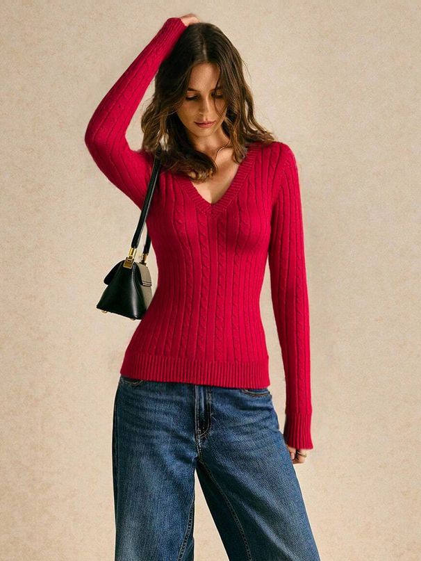 Voya Women's Autumn And Winter American Retro V-neck Slim Fried Dough Twists Needle Stripe Long Sleeve Androgynous Women's Simple Sweater_ecoleips.com
