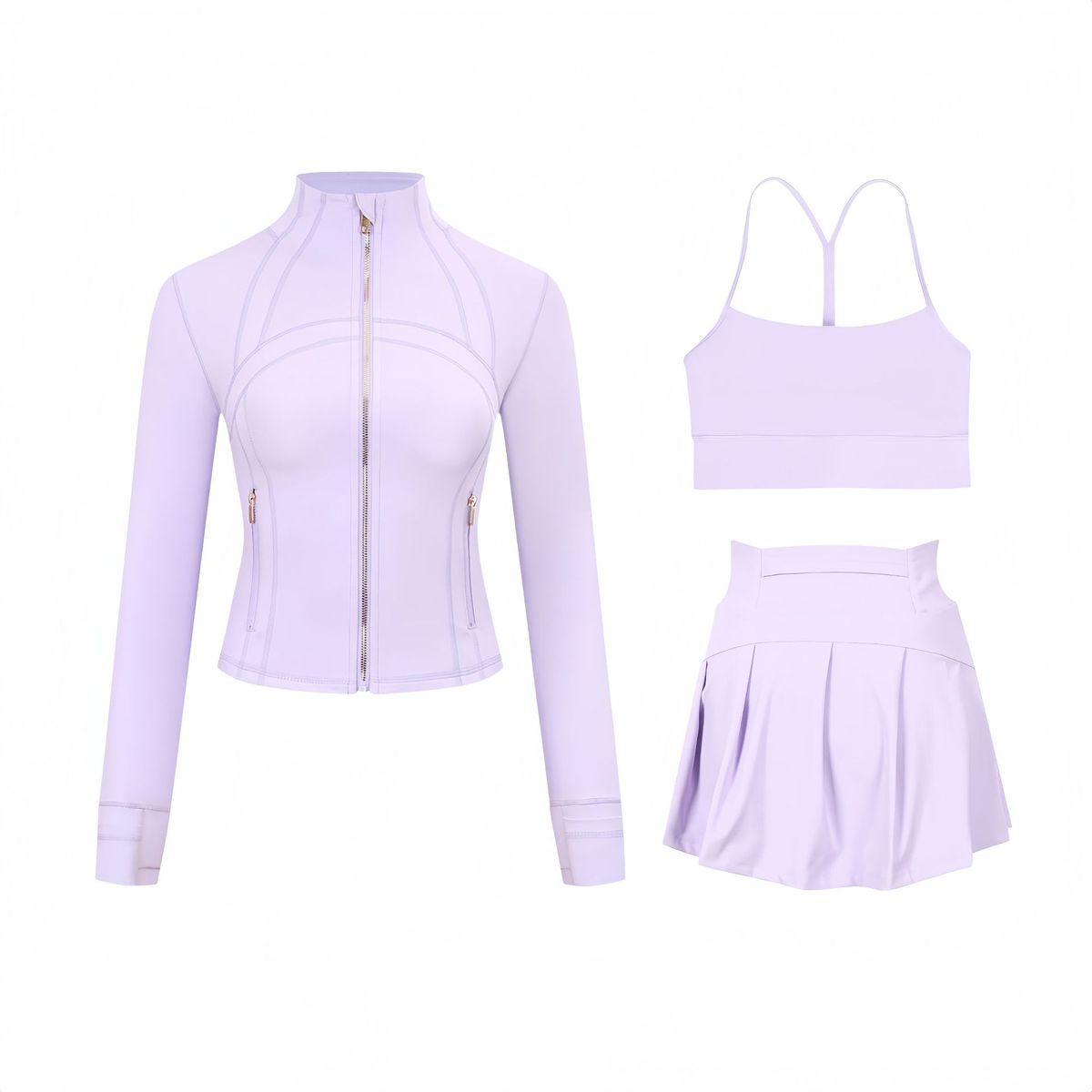 Women's 3-Piece Cropped Jacket & Skirt Set – Stand Collar Zip-Up Yoga Outfit With Y-Back Tank Top – Stretchy Nylon/Spandex Athleisure Wear_ecoleips.com